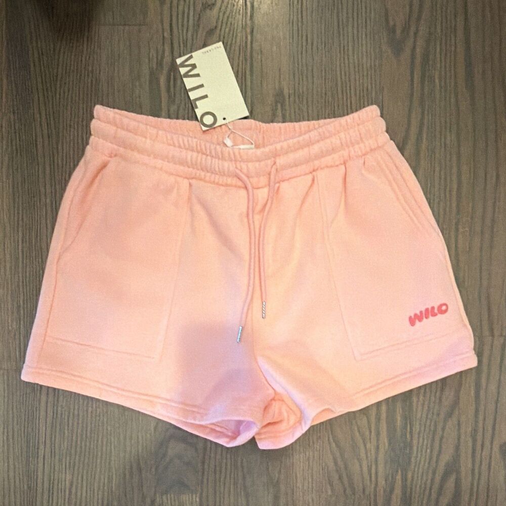 WILO Fleece Sweat Shorts Peach Pink Embroidered Logo Elastic Waist Women's S NWT